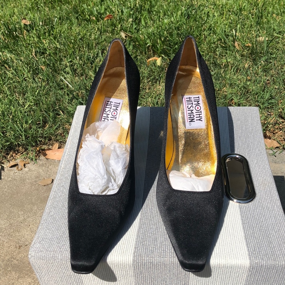 Black satin with gold and sparkled heels!